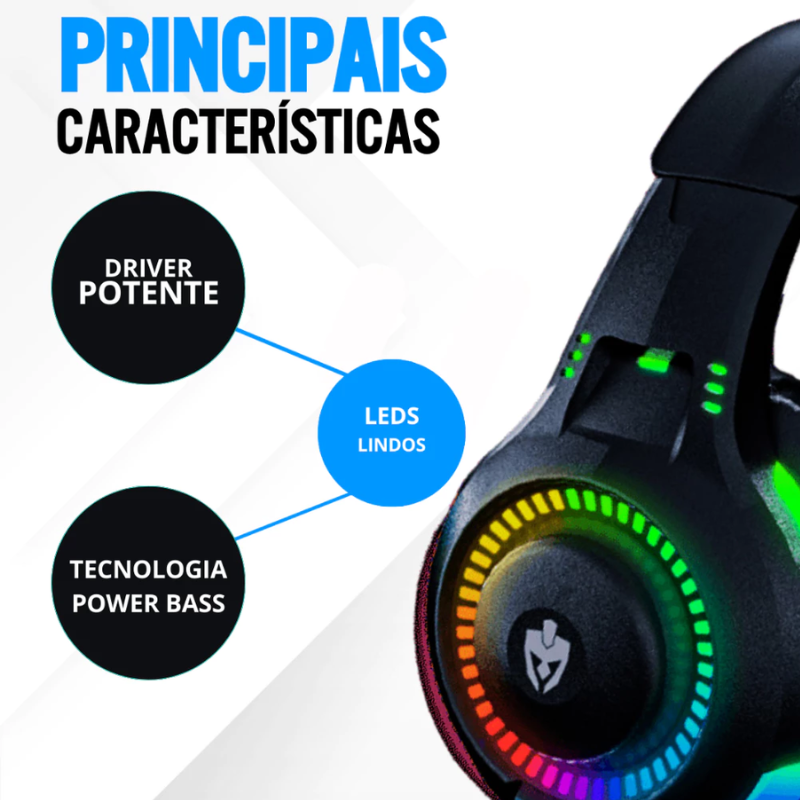 Fone Headset Gamer C/ Luz Led P/ Celular Jogar Free Fire Cor Preto Cor da luz Rainbow