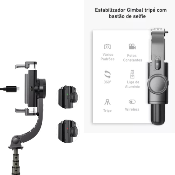 Gimbal Estabilizador de Smartphone Celular L08 Bluetooth com Tripé para Fotos Vídeos Remoto Equilíbrio Estável