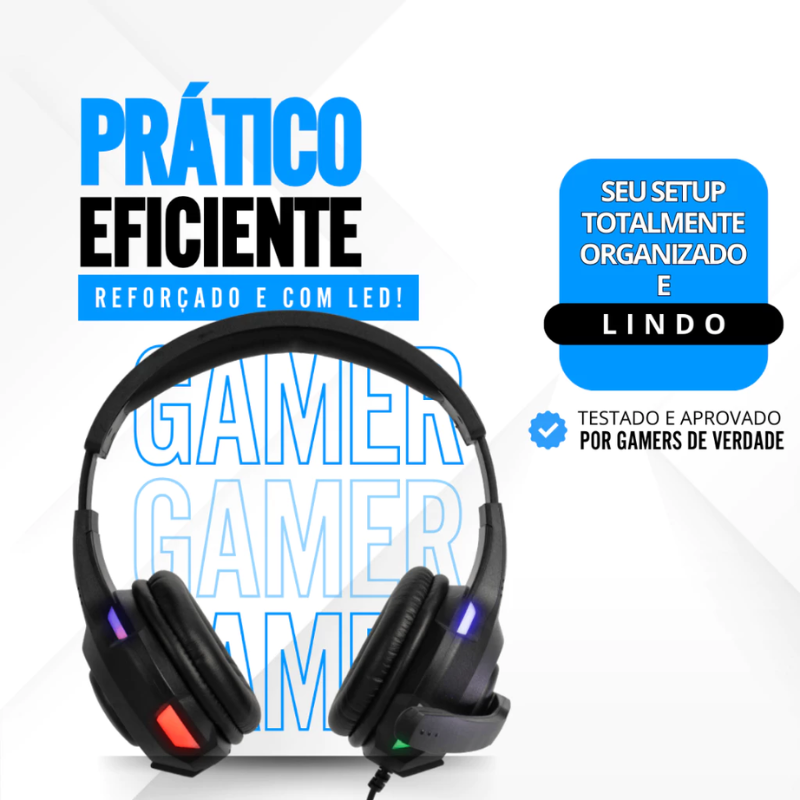 Fone Headset Gamer C/ Luz Led P/ Celular Jogar Free Fire Cor Preto Cor da luz Rainbow