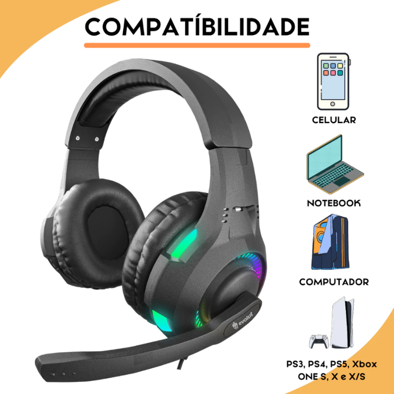 Fone Headset Gamer C/ Luz Led P/ Celular Jogar Free Fire Cor Preto Cor da luz Rainbow