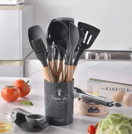 Kit 12 Utensílios Cozinha Jogo Espatula Silicone Cabo de Madeira