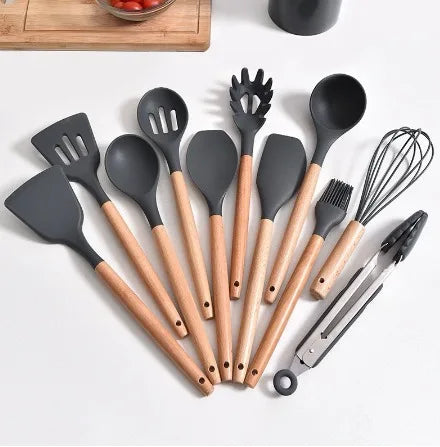 Kit 12 Utensílios Cozinha Jogo Espatula Silicone Cabo de Madeira