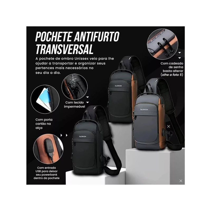 Bolsa Mochila Anti Furto Tiracolo Pochete Transversal Ombro Anti-roubo Usb