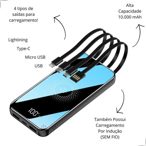 Carregador Portátil 10000 Mah Sem Fio Rápido Indução E Cabos Inclusos Display Digital 4 Saídas Agold BTE-17