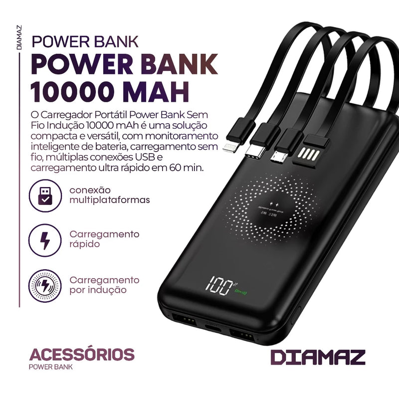 Carregador Portátil 10000 Mah Sem Fio Rápido Indução E Cabos Inclusos Display Digital 4 Saídas Agold BTE-17