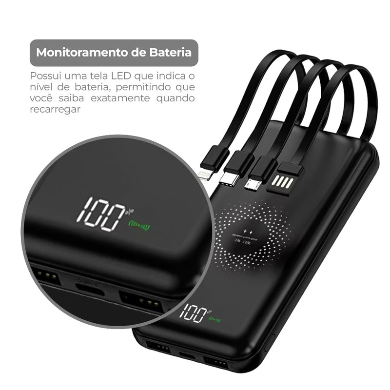 Carregador Portátil 10000 Mah Sem Fio Rápido Indução E Cabos Inclusos Display Digital 4 Saídas Agold BTE-17