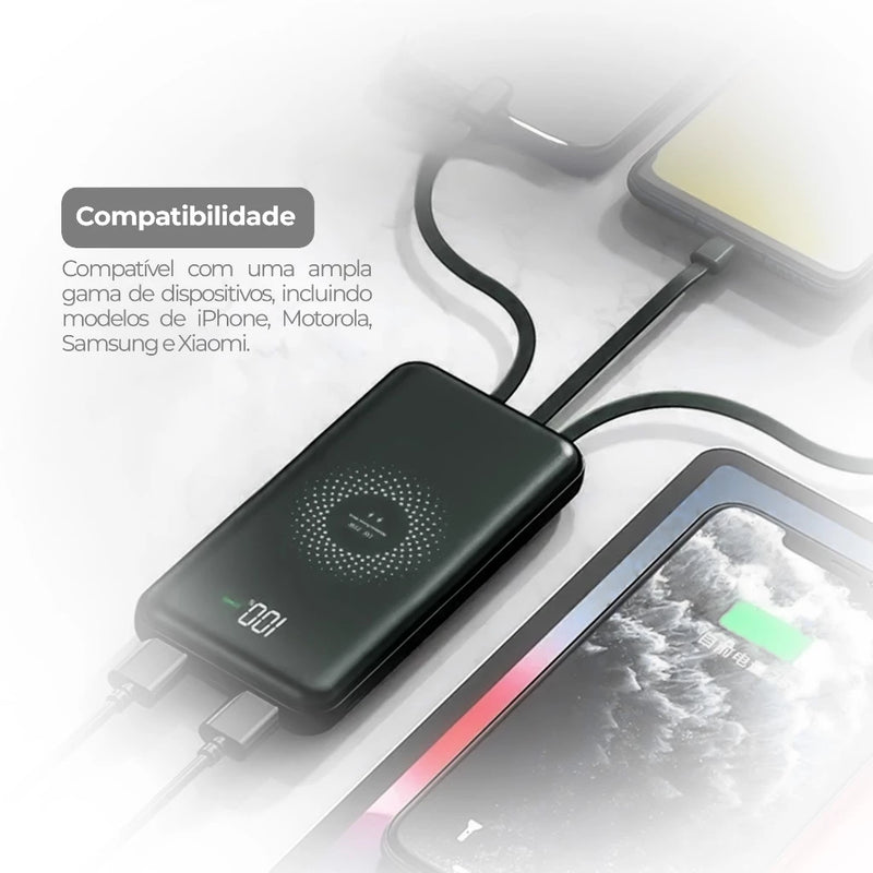 Carregador Portátil 10000 Mah Sem Fio Rápido Indução E Cabos Inclusos Display Digital 4 Saídas Agold BTE-17