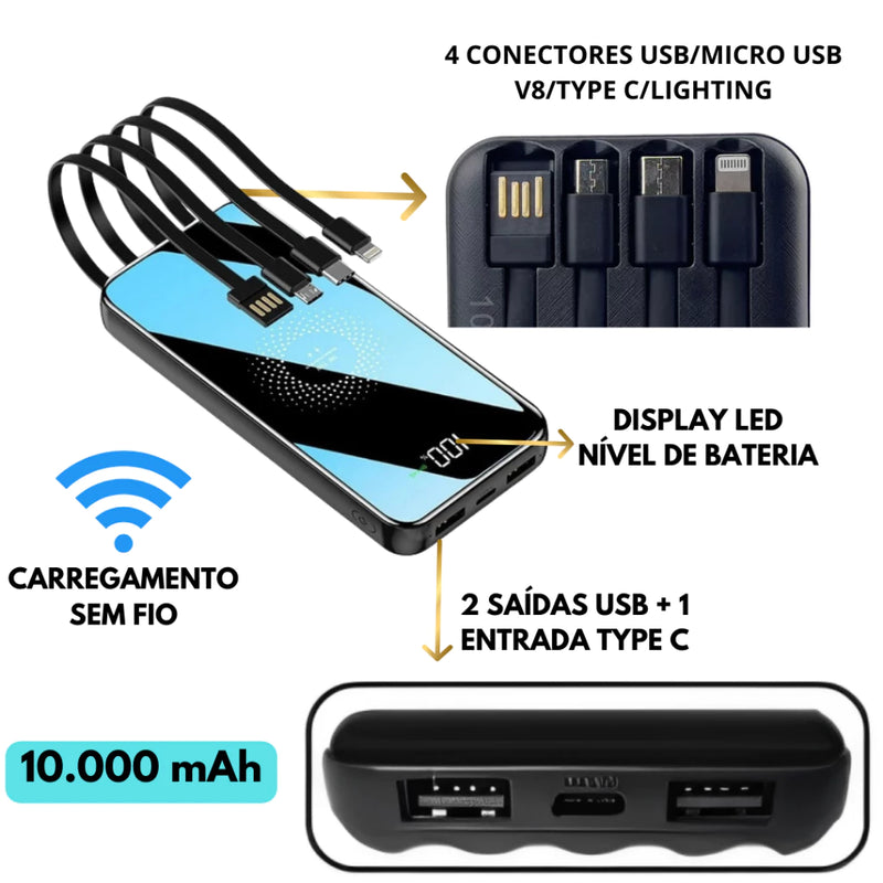 Carregador Portátil 10000 Mah Sem Fio Rápido Indução E Cabos Inclusos Display Digital 4 Saídas Agold BTE-17