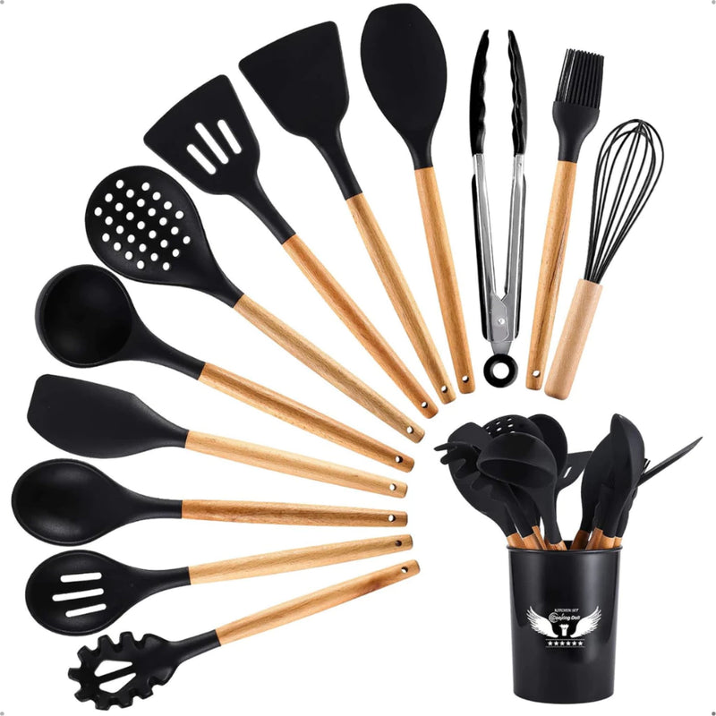 Kit 12 Utensílios Cozinha Jogo Espatula Silicone Cabo de Madeira