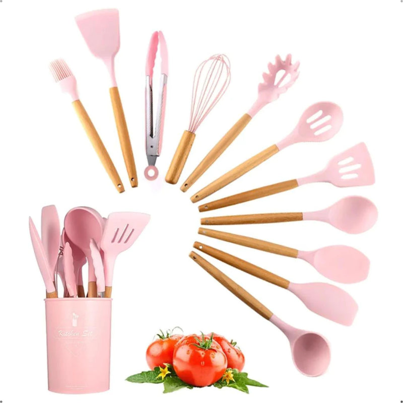 Kit 12 Utensílios Cozinha Jogo Espatula Silicone Cabo de Madeira